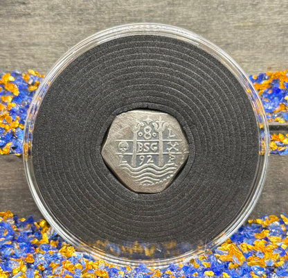 '1751 Spanish Cob' Pirate Treasure Hand Crafted by Peculiar Coins 27 Gram .999 Fine Silver Round Pillars & Waves Design Thick Clip Antique Finish Includes Wood Treasure Chest, Capsule & COA Mint Condition