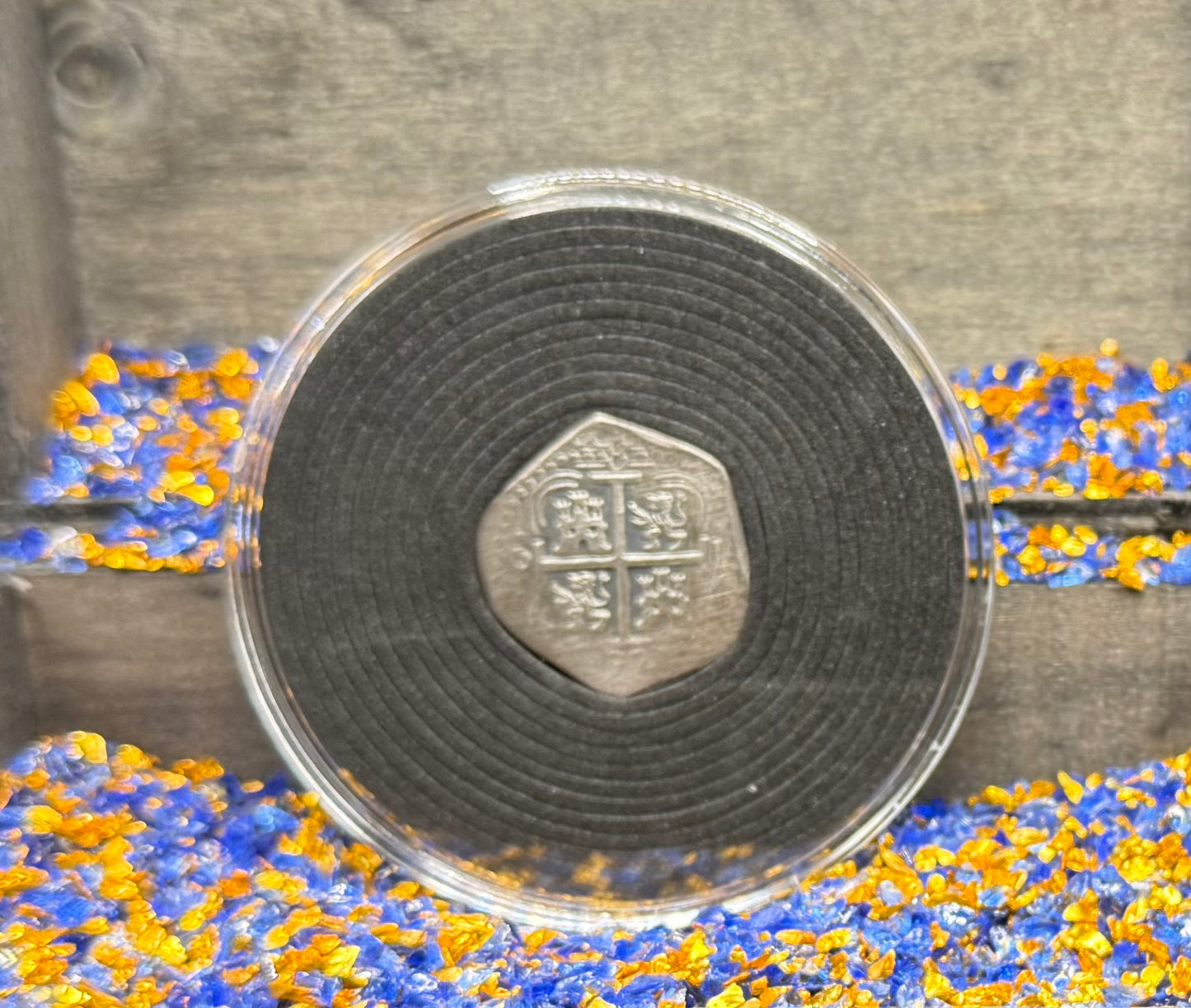 '1751 Spanish Cob' Pirate Treasure Hand Crafted by Peculiar Coins 27 Gram .999 Fine Silver Round Pillars & Waves Design Thick Clip Antique Finish Includes Wood Treasure Chest, Capsule & COA Mint Condition