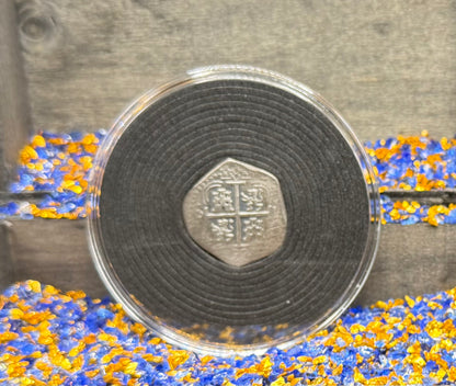 '1751 Spanish Cob' Pirate Treasure Hand Crafted by Peculiar Coins 27 Gram .999 Fine Silver Round Pillars & Waves Design Thick Clip Antique Finish Includes Wood Treasure Chest, Capsule & COA Mint Condition