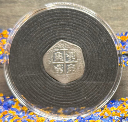 '1751 Spanish Cob' Pirate Treasure Hand Crafted by Peculiar Coins 27 Gram .999 Fine Silver Round Pillars & Waves Design Thick Clip Antique Finish Includes Wood Treasure Chest, Capsule & COA Mint Condition