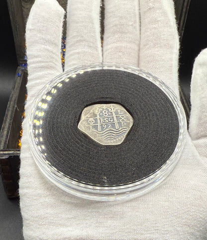 '1751 Spanish Cob' Pirate Treasure Hand Crafted by Peculiar Coins 27 Gram .999 Fine Silver Round Pillars & Waves Design Thick Clip Antique Finish Includes Wood Treasure Chest, Capsule & COA Mint Condition