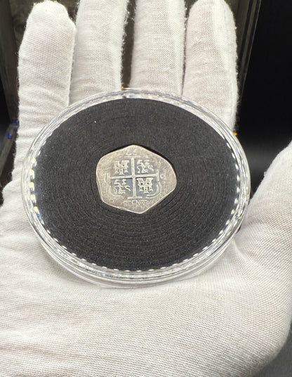 '1751 Spanish Cob' Pirate Treasure Hand Crafted by Peculiar Coins 27 Gram .999 Fine Silver Round Pillars & Waves Design Thick Clip Antique Finish Includes Wood Treasure Chest, Capsule & COA Mint Condition