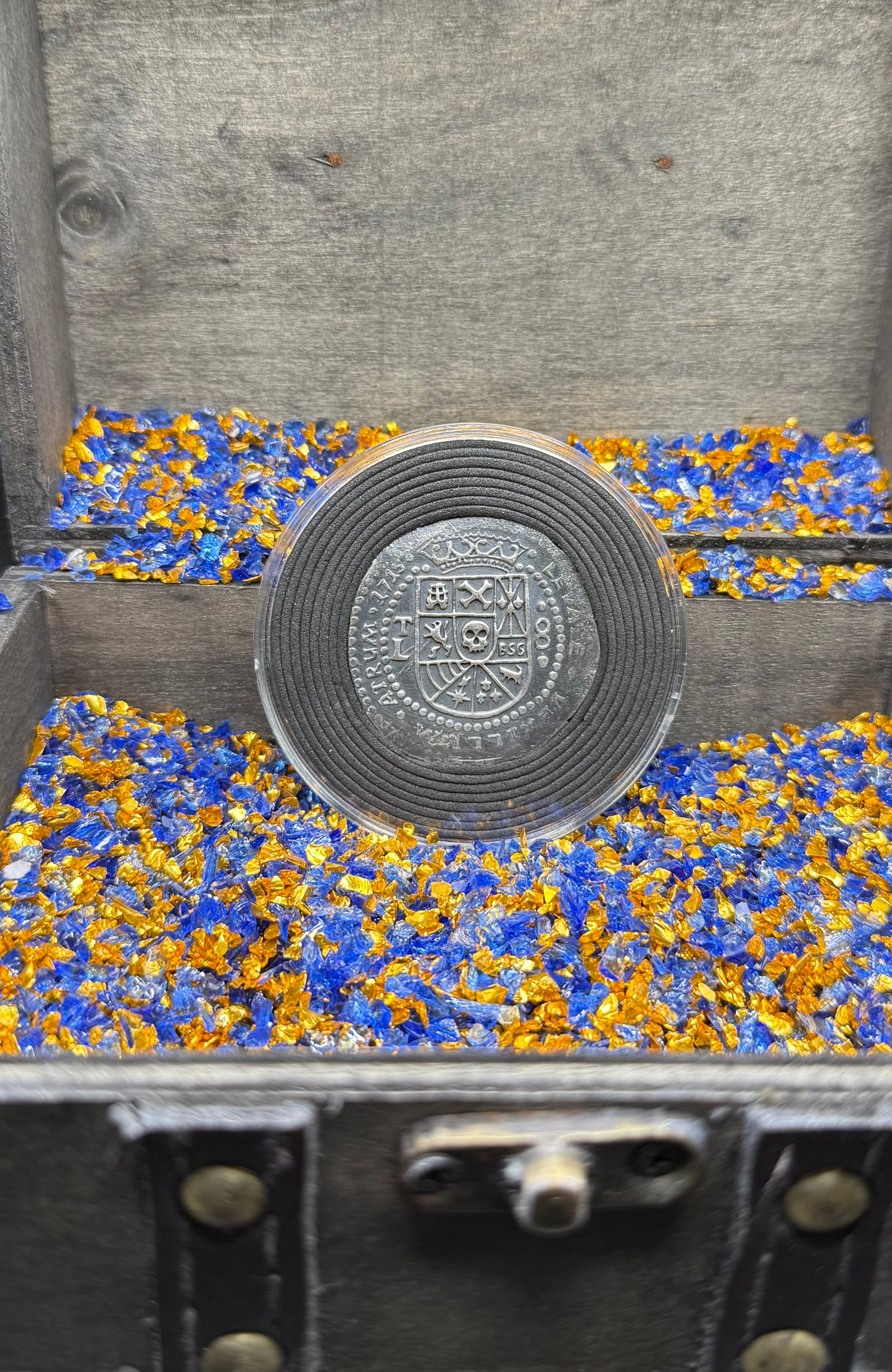 '1715 Spanish Silver' Pirate Treasure Hand Crafted by Peculiar Coins 27 Gram .999 Fine Silver Round Antique Finish Includes Wood Treasure Chest, Capsule & COA Mint Condition