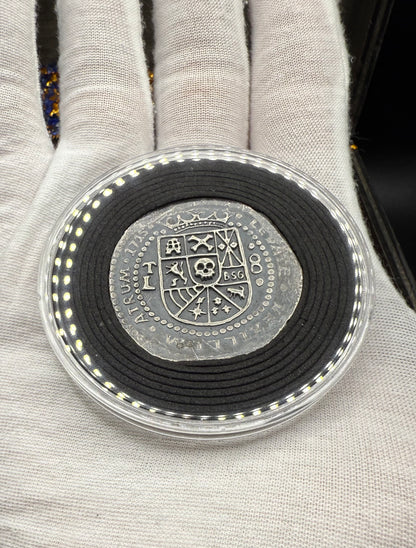 '1715 Spanish Silver' Pirate Treasure Hand Crafted by Peculiar Coins 27 Gram .999 Fine Silver Round Antique Finish Includes Wood Treasure Chest, Capsule & COA Mint Condition
