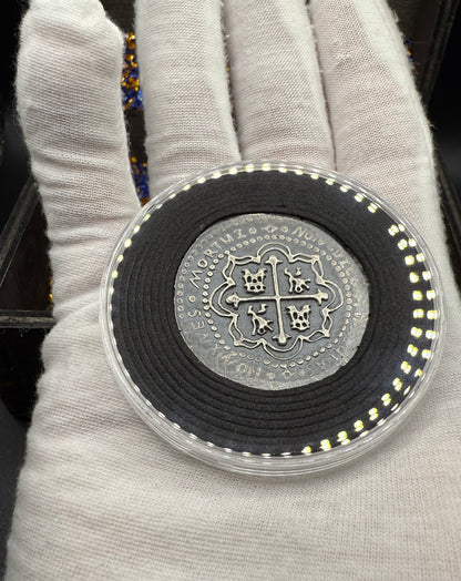 '1715 Spanish Silver' Pirate Treasure Hand Crafted by Peculiar Coins 27 Gram .999 Fine Silver Round Antique Finish Includes Wood Treasure Chest, Capsule & COA Mint Condition