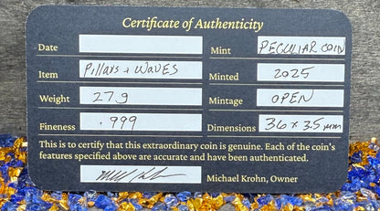 'Potosi Pillars & Waves Spanish Cob' Pirate Treasure Hand Crafted by Peculiar Coins 27 Gram .999 Fine Silver Round Pirate Design Antique Finish Includes Wood Treasure Chest, Capsule & COA Mint Condition