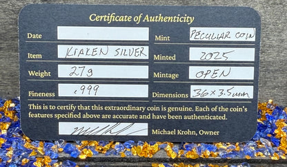 '1492 The Kraken' Pirate Treasure Hand Crafted by Peculiar Coins 27 Gram .999 Fine Silver Round Spanish Shield Design Antique Finish Includes Wood Treasure Chest, Capsule & COA Mint Condition