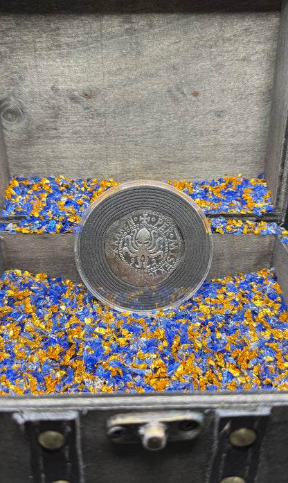 '1492 The Kraken' Pirate Treasure Hand Crafted by Peculiar Coins 27 Gram .999 Fine Silver Round Spanish Shield Design Antique Finish Includes Wood Treasure Chest, Capsule & COA Mint Condition