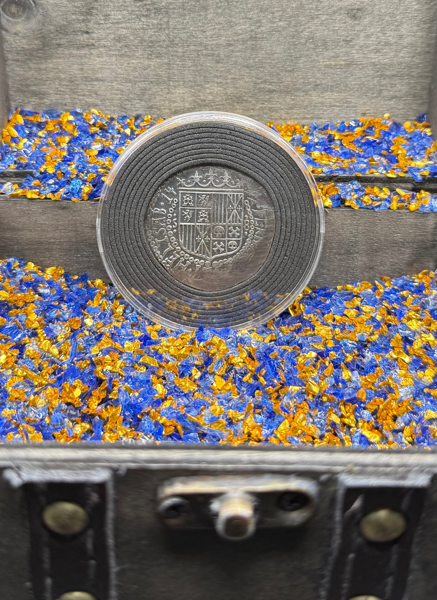 '1492 The Kraken' Pirate Treasure Hand Crafted by Peculiar Coins 27 Gram .999 Fine Silver Round Spanish Shield Design Antique Finish Includes Wood Treasure Chest, Capsule & COA Mint Condition