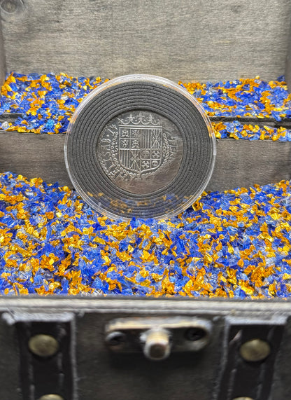 '1492 The Kraken' Pirate Treasure Hand Crafted by Peculiar Coins 27 Gram .999 Fine Silver Round Spanish Shield Design Antique Finish Includes Wood Treasure Chest, Capsule & COA Mint Condition