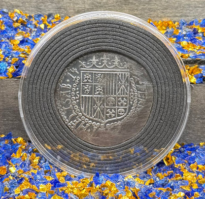 '1492 The Kraken' Pirate Treasure Hand Crafted by Peculiar Coins 27 Gram .999 Fine Silver Round Spanish Shield Design Antique Finish Includes Wood Treasure Chest, Capsule & COA Mint Condition