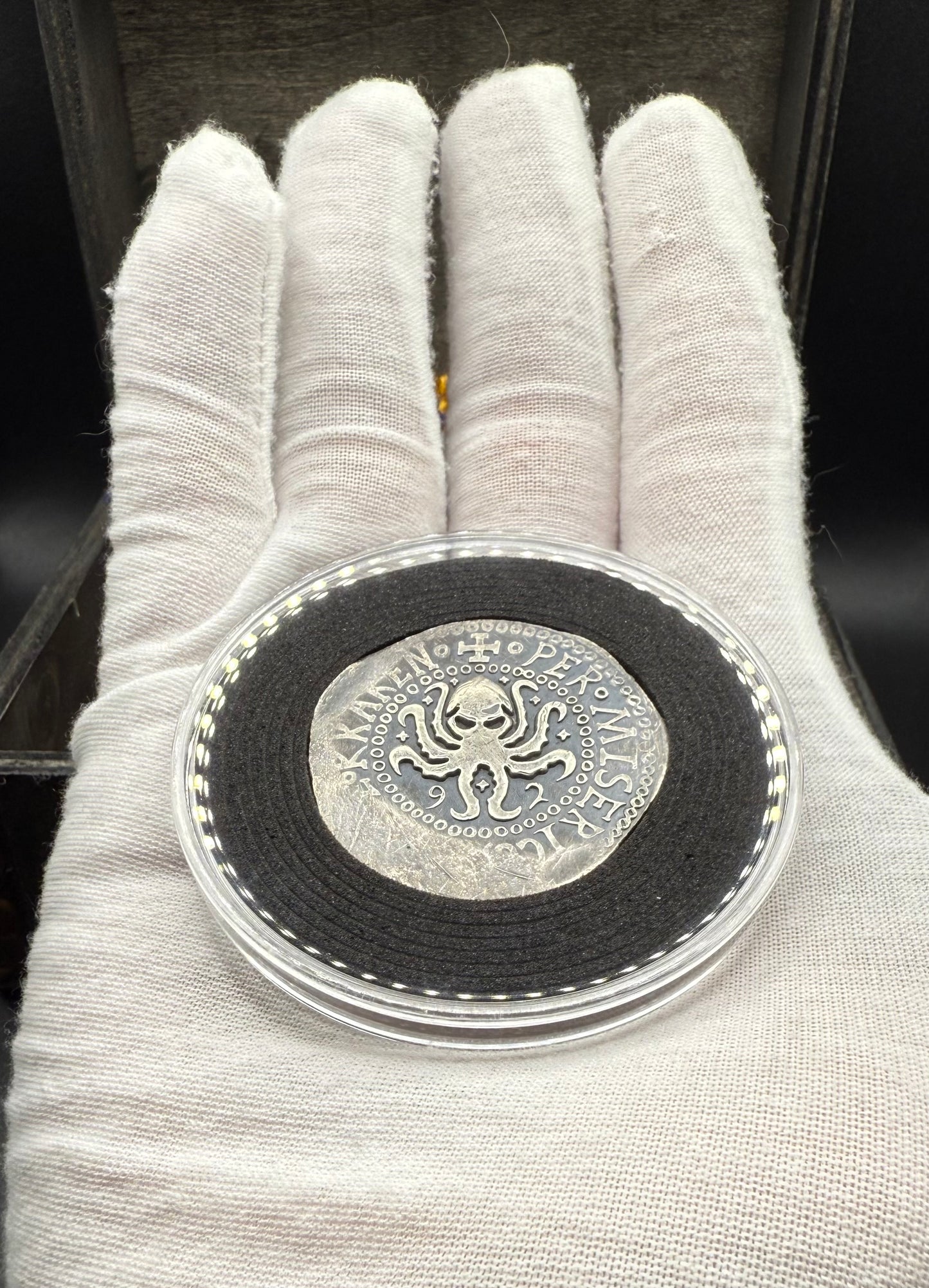 '1492 The Kraken' Pirate Treasure Hand Crafted by Peculiar Coins 27 Gram .999 Fine Silver Round Spanish Shield Design Antique Finish Includes Wood Treasure Chest, Capsule & COA Mint Condition