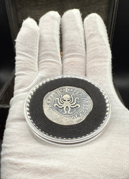 '1492 The Kraken' Pirate Treasure Hand Crafted by Peculiar Coins 27 Gram .999 Fine Silver Round Spanish Shield Design Antique Finish Includes Wood Treasure Chest, Capsule & COA Mint Condition