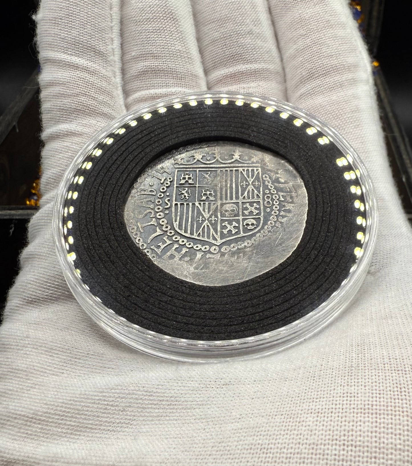 '1492 The Kraken' Pirate Treasure Hand Crafted by Peculiar Coins 27 Gram .999 Fine Silver Round Spanish Shield Design Antique Finish Includes Wood Treasure Chest, Capsule & COA Mint Condition