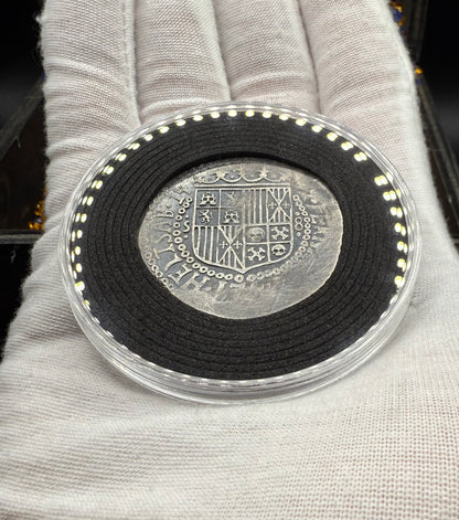 '1492 The Kraken' Pirate Treasure Hand Crafted by Peculiar Coins 27 Gram .999 Fine Silver Round Spanish Shield Design Antique Finish Includes Wood Treasure Chest, Capsule & COA Mint Condition