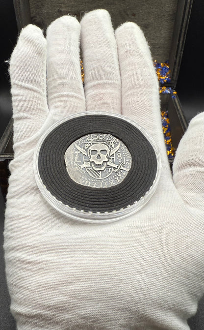 '1692 Piece of Eight' Pirate Treasure Hand Crafted by Peculiar Coins 27 Gram .999 Fine Silver Round Antique Finish Includes Wood Treasure Chest, Capsule & COA Mint Condition