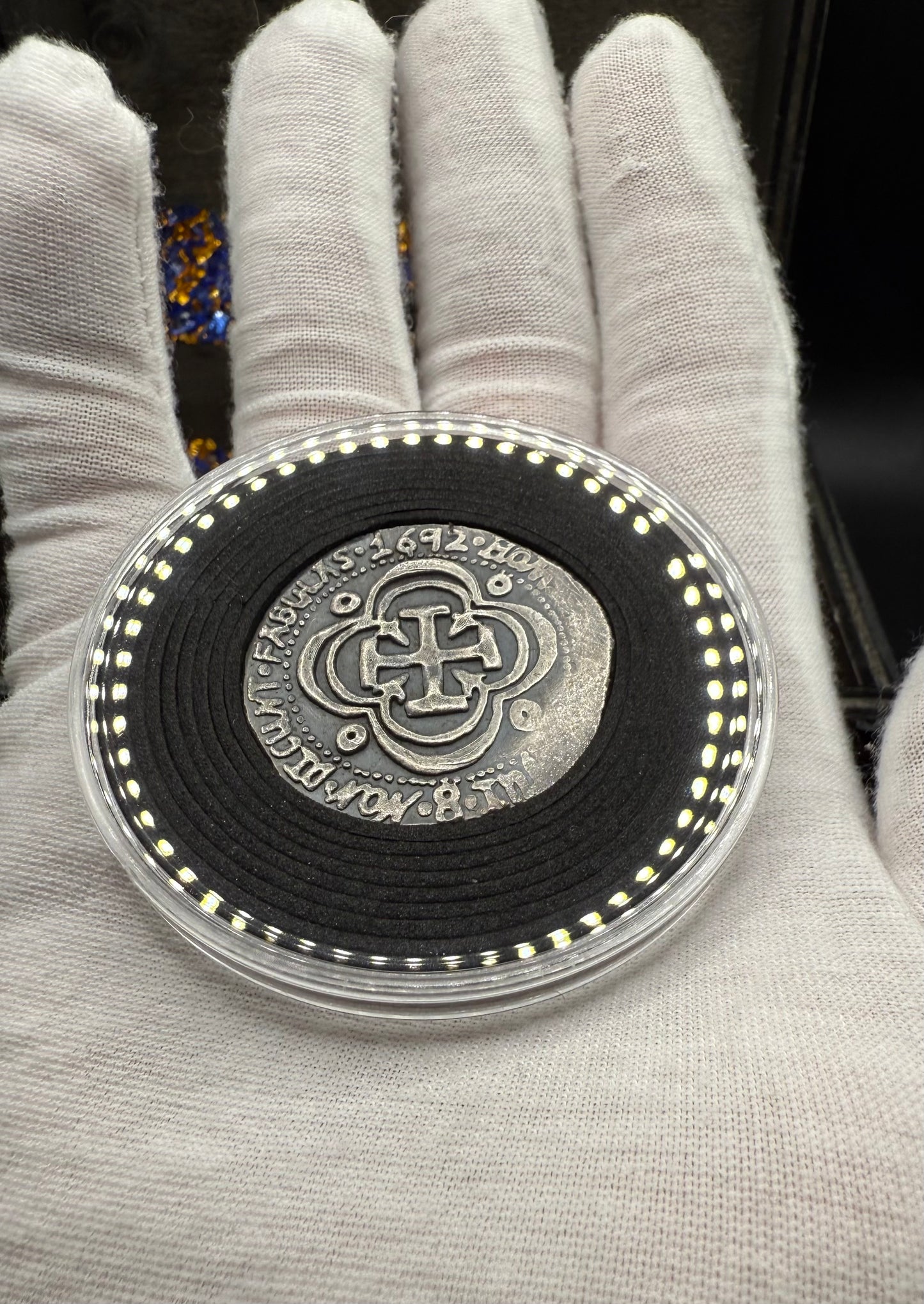 '1692 Piece of Eight' Pirate Treasure Hand Crafted by Peculiar Coins 27 Gram .999 Fine Silver Round Antique Finish Includes Wood Treasure Chest, Capsule & COA Mint Condition