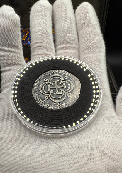 '1692 Piece of Eight' Pirate Treasure Hand Crafted by Peculiar Coins 27 Gram .999 Fine Silver Round Antique Finish Includes Wood Treasure Chest, Capsule & COA Mint Condition