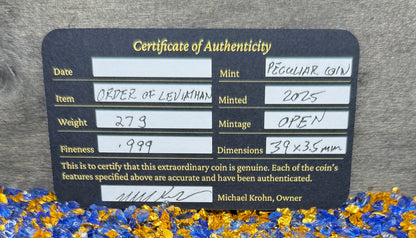 'Order of the Leviathan Treasure Cob' Hand Crafted by Peculiar Coins 27 Gram .999 Fine Silver Round Piece of Eight Antique Finish Includes Wood Treasure Chest, Capsule & COA Mint Condition