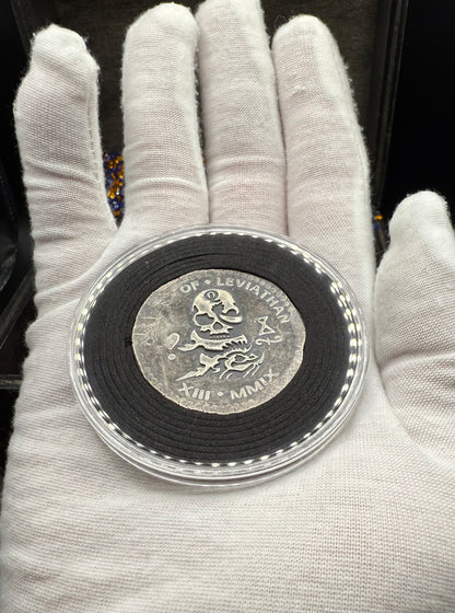 'Order of the Leviathan Treasure Cob' Hand Crafted by Peculiar Coins 27 Gram .999 Fine Silver Round Piece of Eight Antique Finish Includes Wood Treasure Chest, Capsule & COA Mint Condition