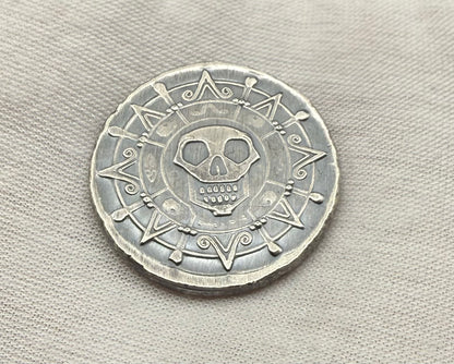 'Silver Skull Doubloon' Pirate Treasure Hand Crafted by Wild Pig Pours .5 Troy Ounce .999 Fine Silver Round Antique Finish Includes Wood Treasure Chest, Capsule & COA