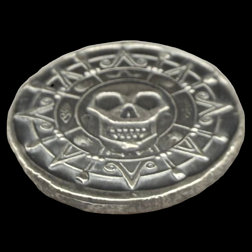 'Silver Skull Doubloon' Pirate Treasure Hand Crafted by Wild Pig Pours .5 Troy Ounce .999 Fine Silver Round Antique Finish Includes Wood Treasure Chest, Capsule & COA