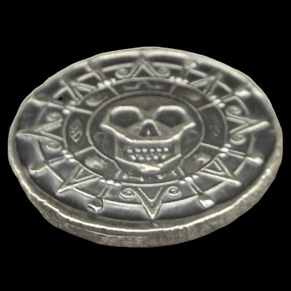 'Silver Skull Doubloon' Pirate Treasure Hand Crafted by Wild Pig Pours .5 Troy Ounce .999 Fine Silver Round Antique Finish Includes Wood Treasure Chest, Capsule & COA