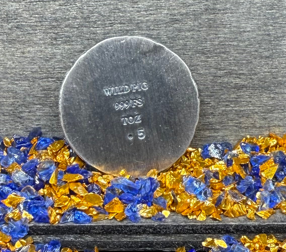 'Silver Skull Doubloon' Pirate Treasure Hand Crafted by Wild Pig Pours .5 Troy Ounce .999 Fine Silver Round Antique Finish Includes Wood Treasure Chest, Capsule & COA