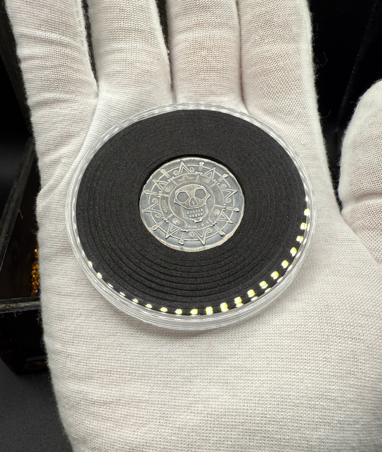 'Silver Skull Doubloon' Pirate Treasure Hand Crafted by Wild Pig Pours .5 Troy Ounce .999 Fine Silver Round Antique Finish Includes Wood Treasure Chest, Capsule & COA