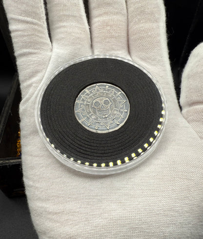 'Silver Skull Doubloon' Pirate Treasure Hand Crafted by Wild Pig Pours .5 Troy Ounce .999 Fine Silver Round Antique Finish Includes Wood Treasure Chest, Capsule & COA