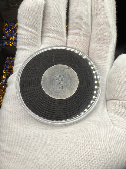 'Silver Skull Doubloon' Pirate Treasure Hand Crafted by Wild Pig Pours .5 Troy Ounce .999 Fine Silver Round Antique Finish Includes Wood Treasure Chest, Capsule & COA