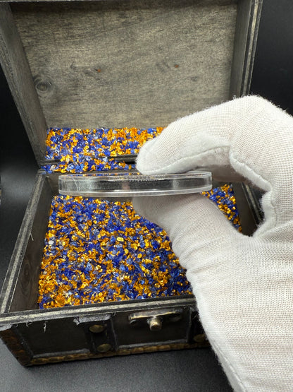 'Silver Skull Doubloon' Pirate Treasure Hand Crafted by Wild Pig Pours .5 Troy Ounce .999 Fine Silver Round Antique Finish Includes Wood Treasure Chest, Capsule & COA