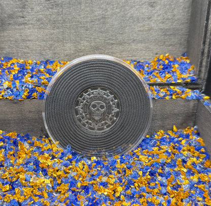 'Silver Skull Doubloon' Pirate Treasure Hand Crafted by Wild Pig Pours .5 Troy Ounce .999 Fine Silver Round Antique Finish Includes Wood Treasure Chest, Capsule & COA