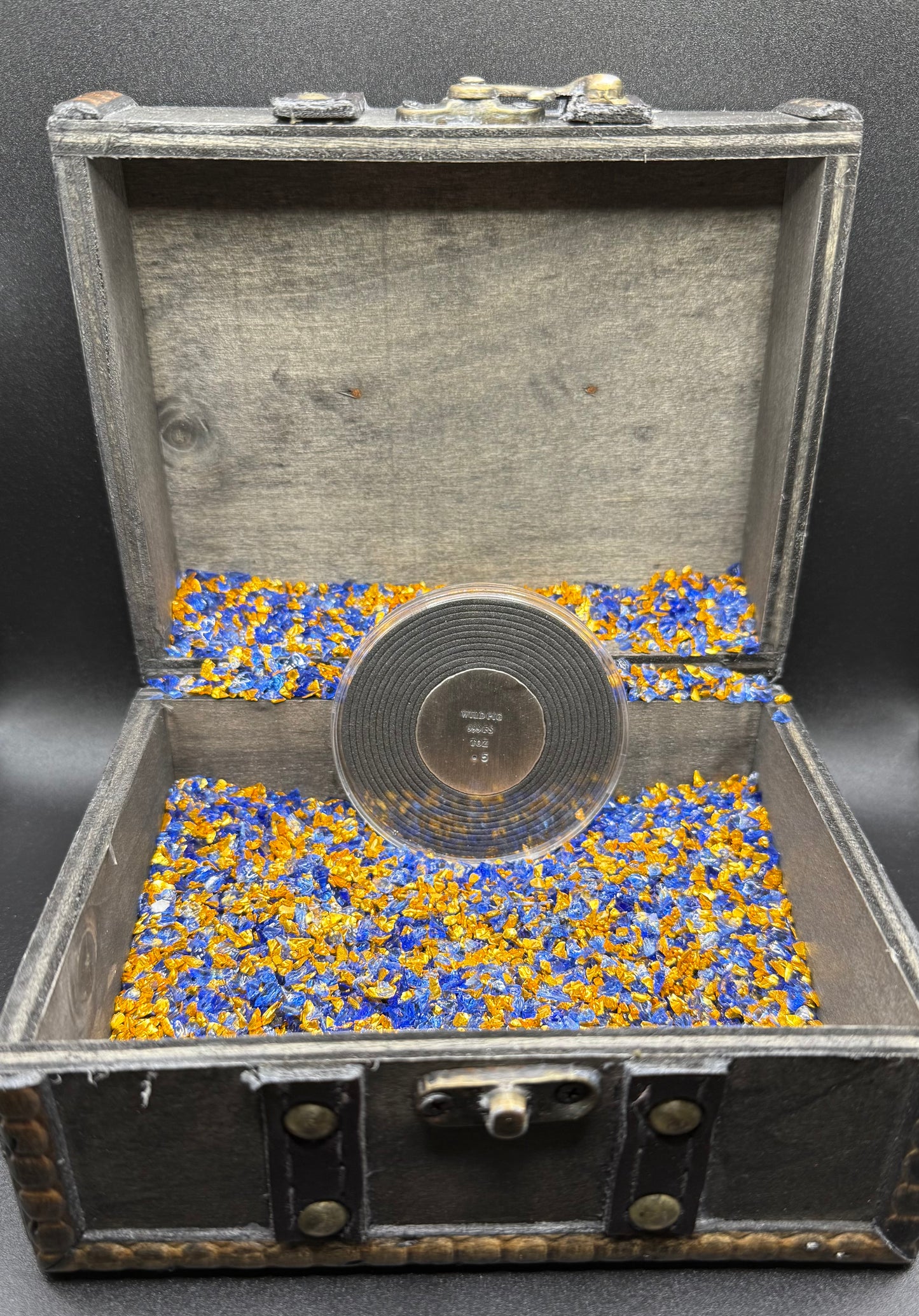 'Silver Skull Doubloon' Pirate Treasure Hand Crafted by Wild Pig Pours .5 Troy Ounce .999 Fine Silver Round Antique Finish Includes Wood Treasure Chest, Capsule & COA