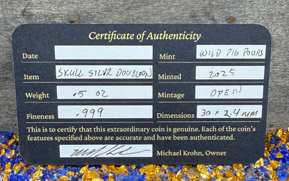 'Silver Skull Doubloon' Pirate Treasure Hand Crafted by Wild Pig Pours .5 Troy Ounce .999 Fine Silver Round Antique Finish Includes Wood Treasure Chest, Capsule & COA