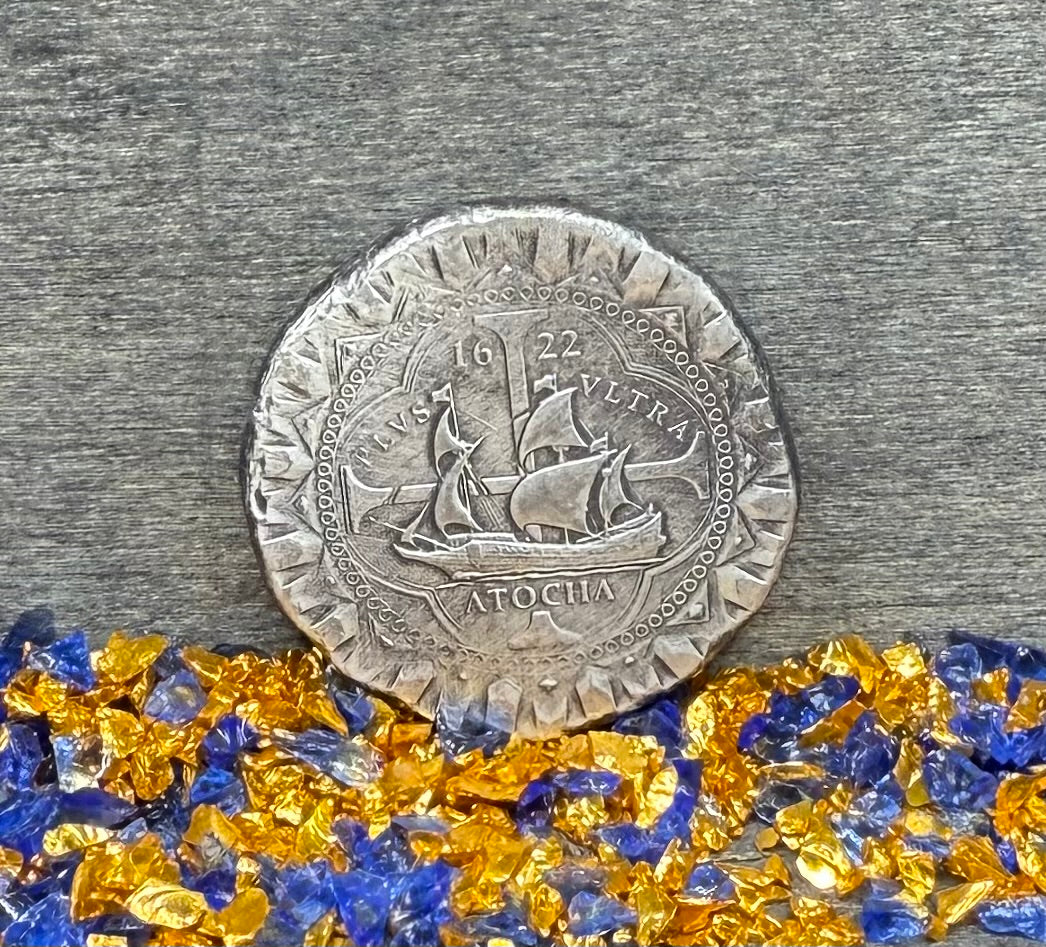 '1622 Atocha Shipwreck 400th Anniversary 8 Reales Silver Cob' Hand Crafted by Daniel Carr 24 Grams .999 Fine Silver Round Antique Finish Includes Wood Treasure Chest, Capsule & COA