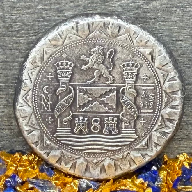 '1622 Atocha Shipwreck 400th Anniversary 8 Reales Silver Cob' Hand Crafted by Daniel Carr 24 Grams .999 Fine Silver Round Antique Finish Includes Wood Treasure Chest, Capsule & COA