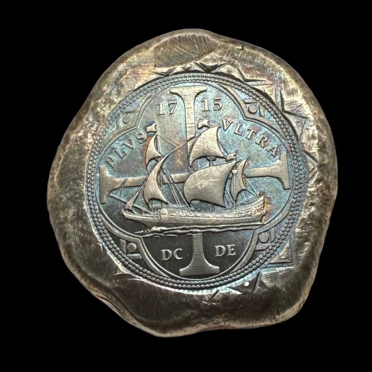 Colorized '1715 Fleet 300th Anniversary 8 Reales Silver Cob' Hand Crafted by Daniel Carr 28 Grams .999 Fine Silver Round Includes Wood Treasure Chest, Capsule & COA (Rare 1 of 18)