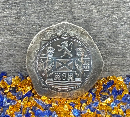 Colorized '1715 Fleet 300th Anniversary 8 Reales Silver Cob' Hand Crafted by Daniel Carr 28 Grams .999 Fine Silver Round Includes Wood Treasure Chest, Capsule & COA (Rare 1 of 18)