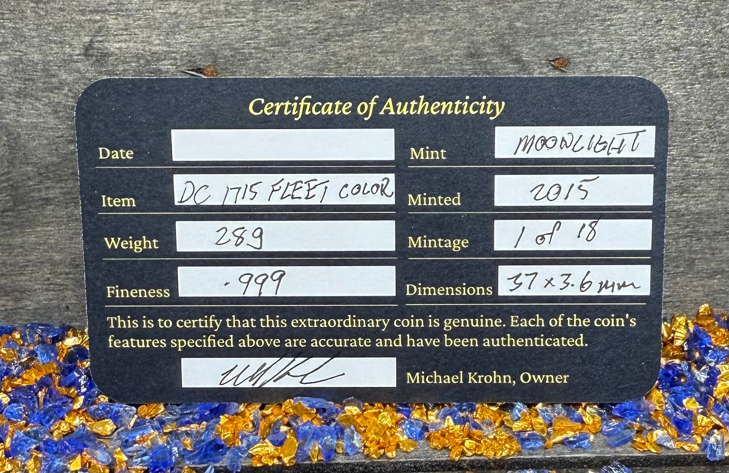 Colorized '1715 Fleet 300th Anniversary 8 Reales Silver Cob' Hand Crafted by Daniel Carr 28 Grams .999 Fine Silver Round Includes Wood Treasure Chest, Capsule & COA (Rare 1 of 18)