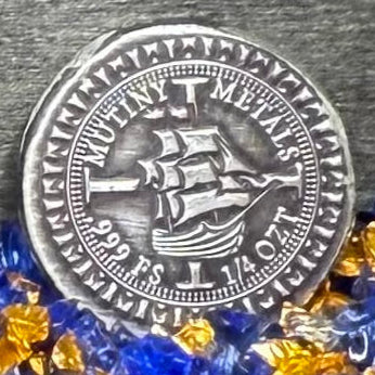 'Silver Doubloon' Pirate Treasure Hand Crafted by Mutiny Metals 1.25 Troy Ounce .999 Fine Silver Round 5 Piece Set Antique Finish Includes Wood Treasure Chest, Capsule & COA