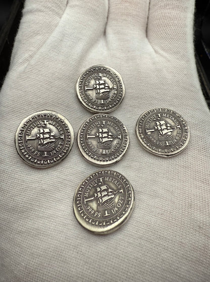 'Silver Doubloon' Pirate Treasure Hand Crafted by Mutiny Metals 1.25 Troy Ounce .999 Fine Silver Round 5 Piece Set Antique Finish Includes Wood Treasure Chest, Capsule & COA