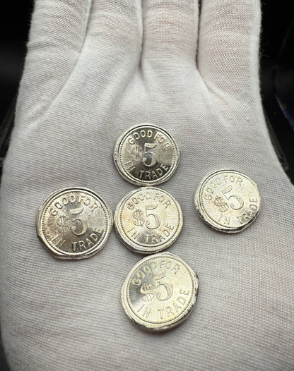 'Silver Doubloon' Pirate Treasure Hand Crafted by Mutiny Metals 1.25 Troy Ounce .999 Fine Silver Round 5 Piece Set Antique Finish Includes Wood Treasure Chest, Capsule & COA