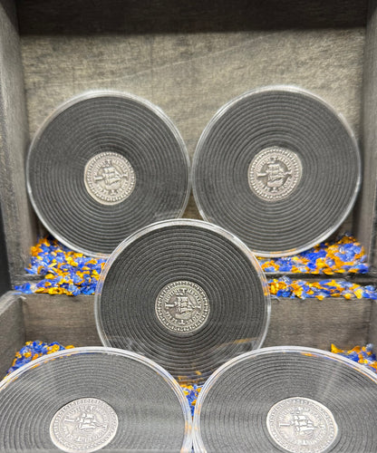 'Silver Doubloon' Pirate Treasure Hand Crafted by Mutiny Metals 1.25 Troy Ounce .999 Fine Silver Round 5 Piece Set Antique Finish Includes Wood Treasure Chest, Capsule & COA