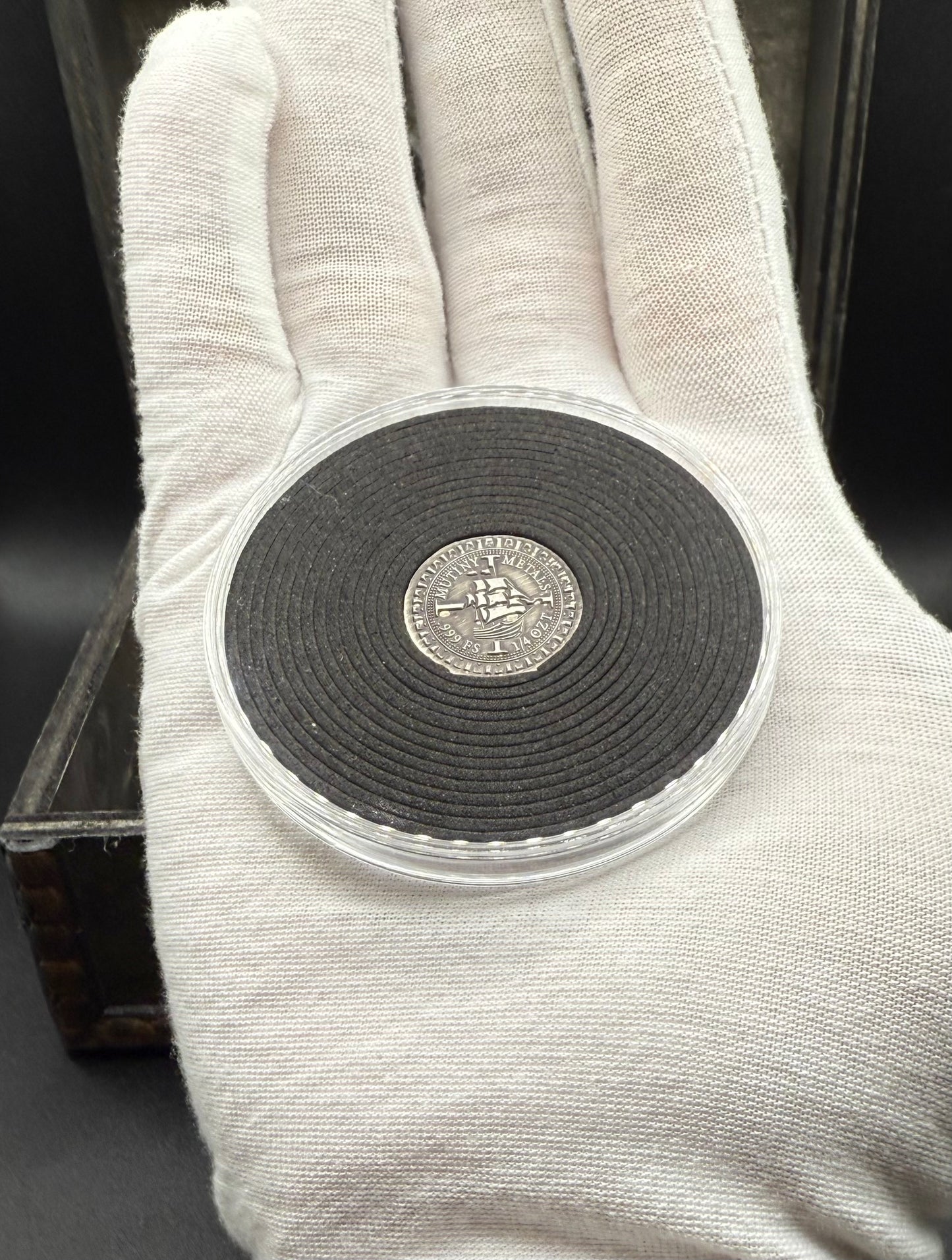 'Silver Doubloon' Pirate Treasure Hand Crafted by Mutiny Metals 1.25 Troy Ounce .999 Fine Silver Round 5 Piece Set Antique Finish Includes Wood Treasure Chest, Capsule & COA