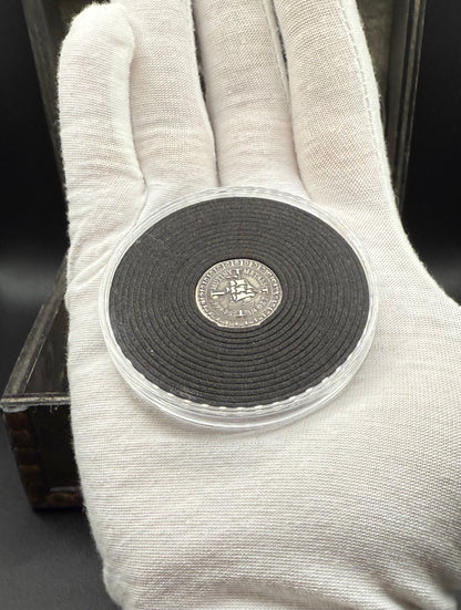 'Silver Doubloon' Pirate Treasure Hand Crafted by Mutiny Metals 1.25 Troy Ounce .999 Fine Silver Round 5 Piece Set Antique Finish Includes Wood Treasure Chest, Capsule & COA