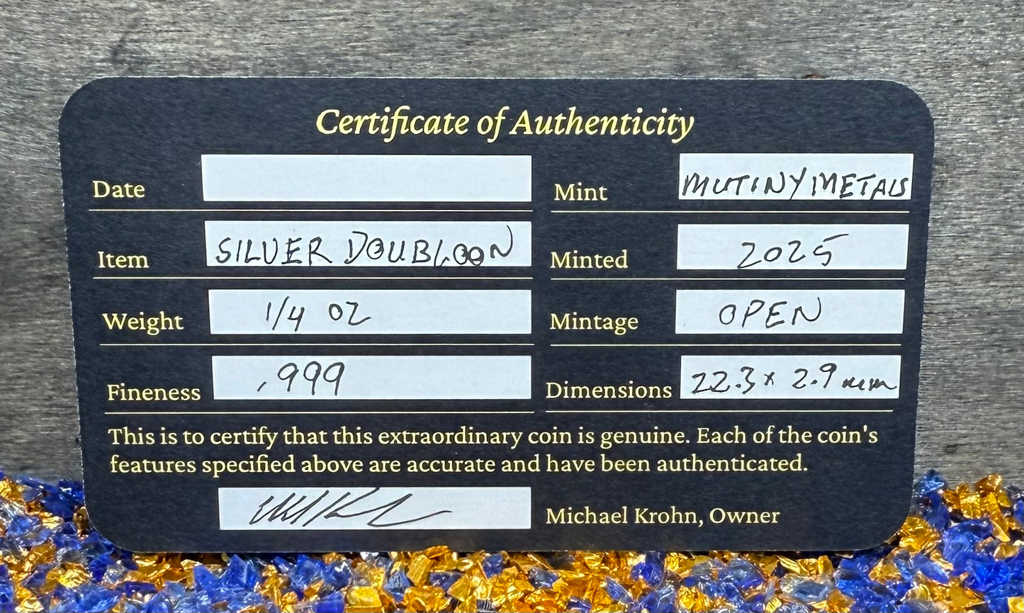 'Silver Doubloon' Pirate Treasure Hand Crafted by Mutiny Metals 1.25 Troy Ounce .999 Fine Silver Round 5 Piece Set Antique Finish Includes Wood Treasure Chest, Capsule & COA