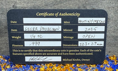 'Silver Doubloon' Pirate Treasure Hand Crafted by Mutiny Metals 1.25 Troy Ounce .999 Fine Silver Round 5 Piece Set Antique Finish Includes Wood Treasure Chest, Capsule & COA