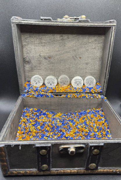 'Memento Mori' Pirate Treasure Hand Crafted by Mutiny Metals 1.25 Troy Ounce .999 Fine Silver Round 5 Piece Set Antique Finish Includes Wood Treasure Chest, Capsule & COA