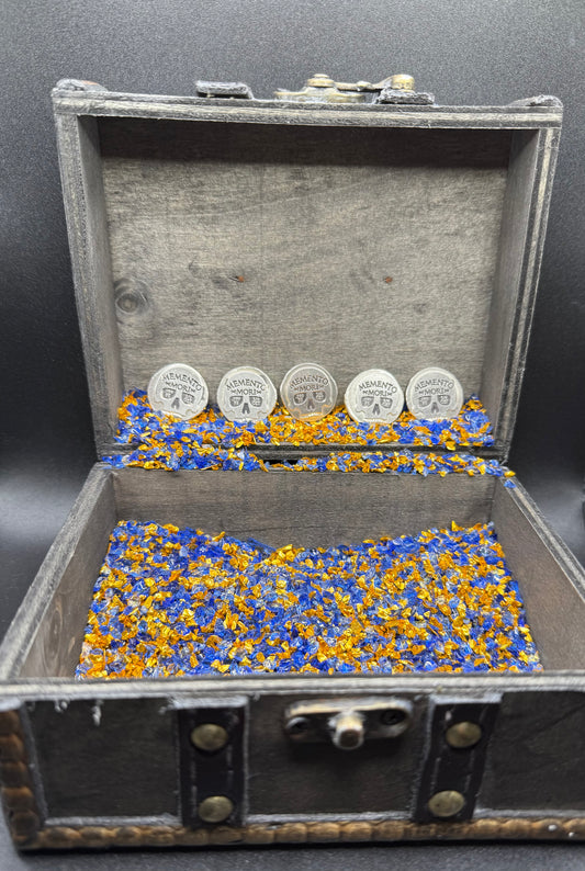 'Memento Mori' Pirate Treasure Hand Crafted by Mutiny Metals 1.25 Troy Ounce .999 Fine Silver Round 5 Piece Set Antique Finish Includes Wood Treasure Chest, Capsule & COA